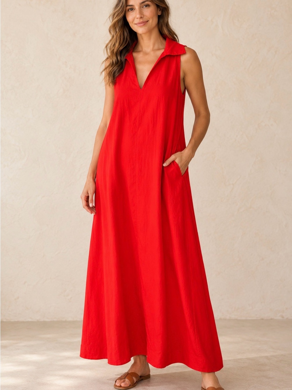 Linea Moda Red Collared Sleeveless Maxi Dress Pockets Size L 100% cotton